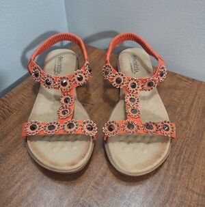 Patrizia Spring Step Orange Flower T-strap Rhinestone Sandals Sz 41 US 10 Boho